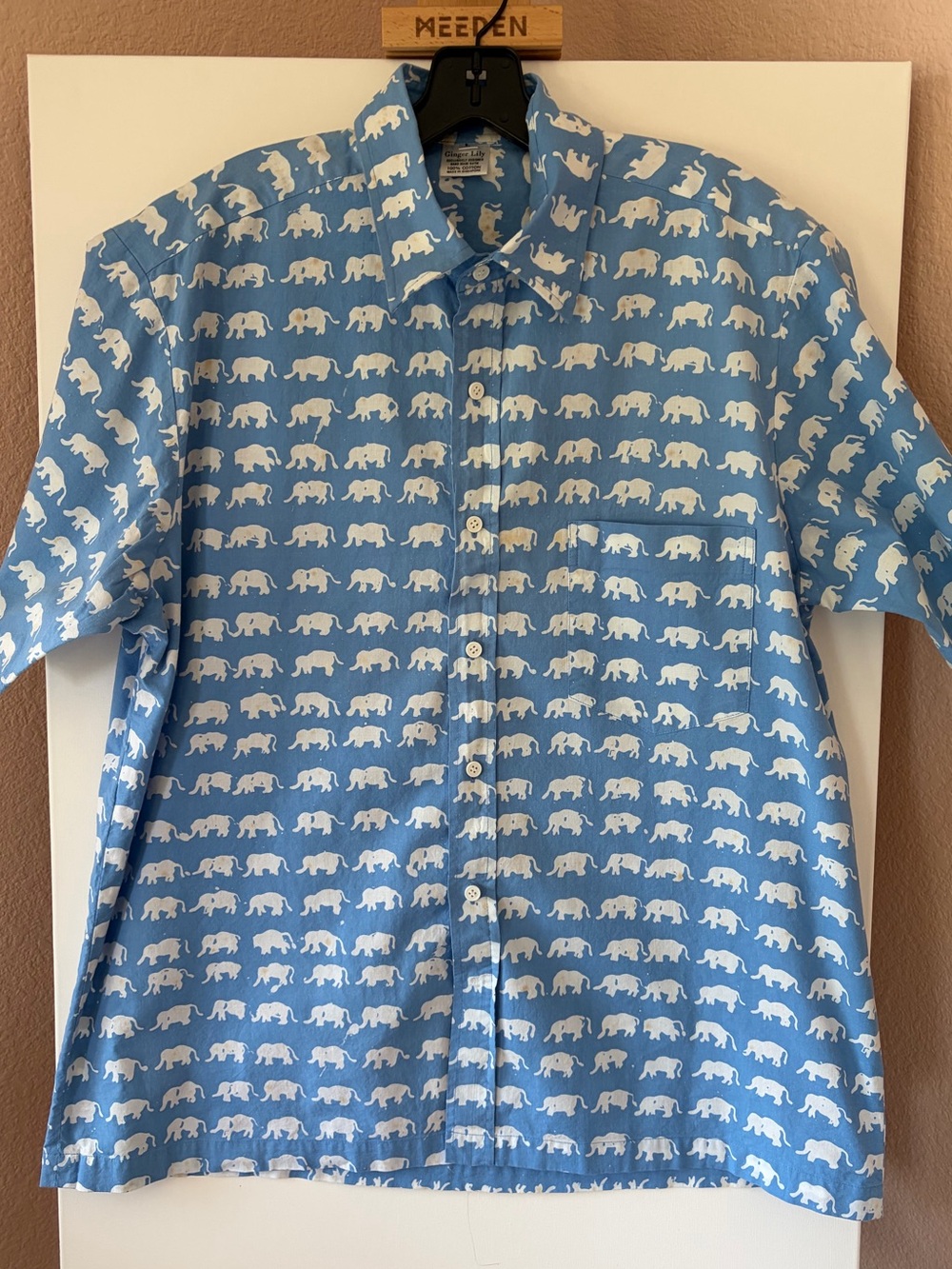 Ginger Lily Singapore Handmade Batik Elephant Print Cotton Shirt Blue White L